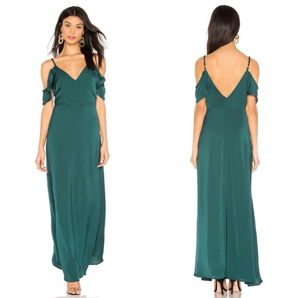 Superdown Belluci Off Shoulder Satin Maxi Dress - Emerald Green - Small - NWT